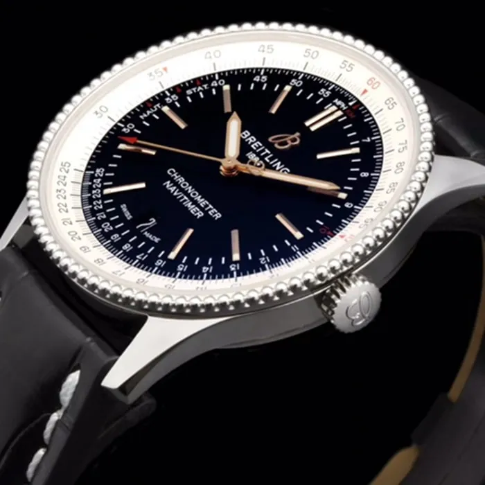 top-tier watch Breitling men's black dial aviation chronograph1 series leather strap watch side view
