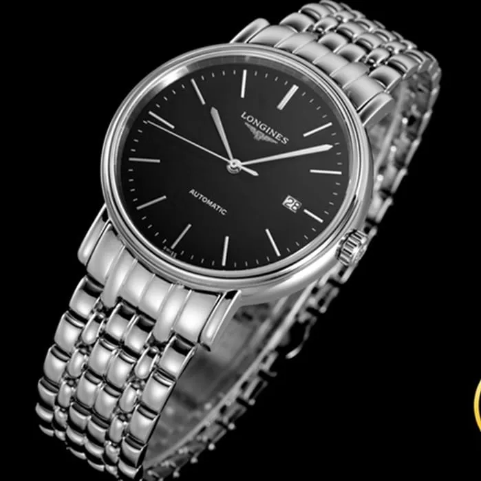 top-tier watch Longines men's black dialsteel bracelet magnificent series watch front view