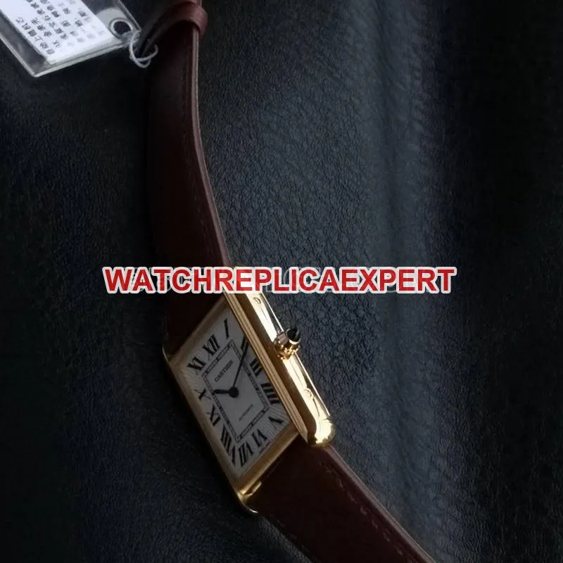 Cartier1:1replica watch F1 factory tank white dialyellow gold case 2899MCmovementleather strap model front live photo