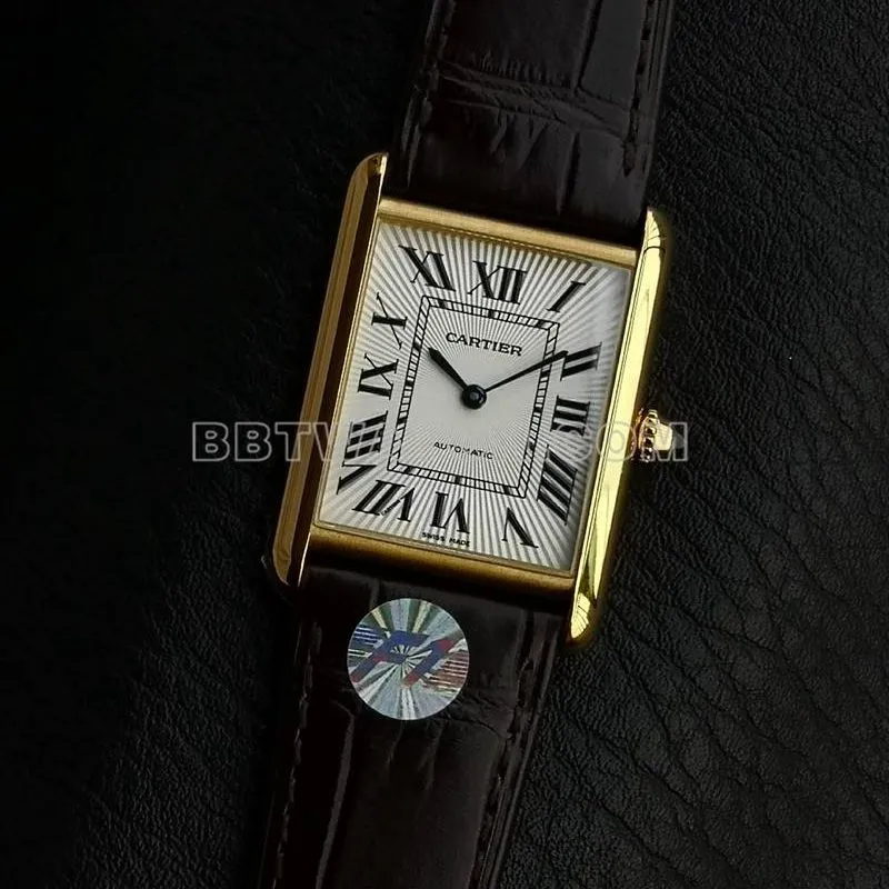 Cartier collectible watch F1 factory tank white dialyellow gold case 2899MCmovementleather strap model side live photo