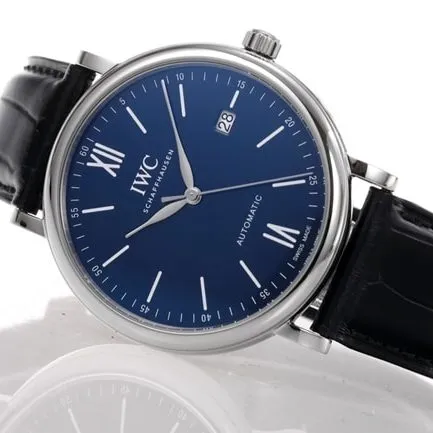 V7 factory top-tier replicaIWC high-quality watch men's blue dial black belt wave Fino series automatic movementleather strap watch front view