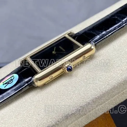 collectible watch DR factory Cartier tank black dial gold case quartz black braceletfront live photo