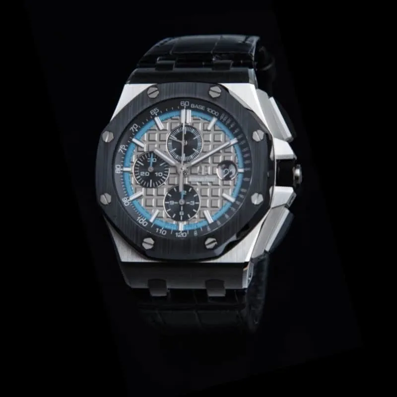 Front view of the top-notch high-quality replicaAPFAudemars PiguetRoyal Oakblack dial offshore 26400 watch from a major manufacturer