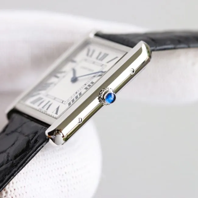 3WF factory Cartiertop-tier watch tank series couple ladies white dial black belt quartzleather strap front view