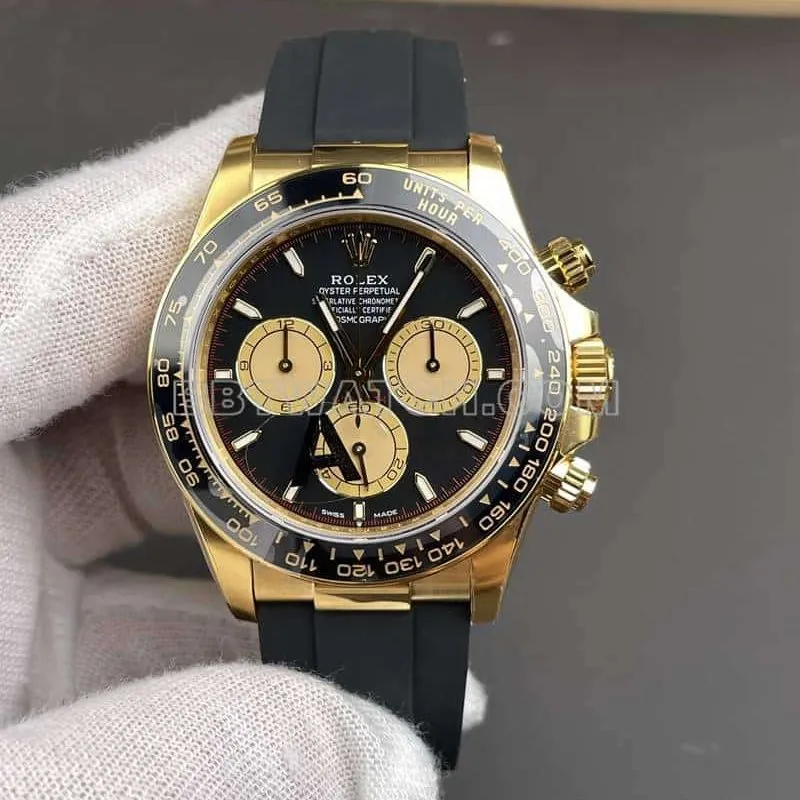 VSRolexDaytonasuper cloneblack dialyellow gold shell rubber style 126518side live photo