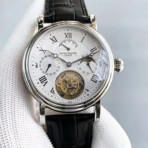 top-tier watch Patek Philippe men's white dial black belt automatic complex function series tourbillonleather strap watch front view