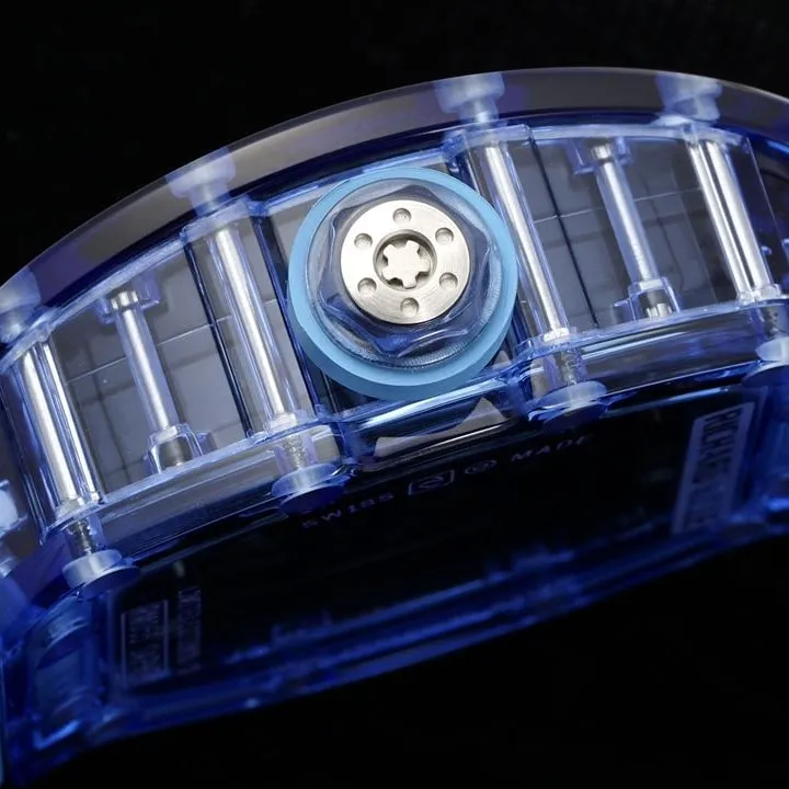 Richard Mille men's top-tier 1:1high-quality watch blue transparent hollow plate blue rubber model RM35-01front live photo