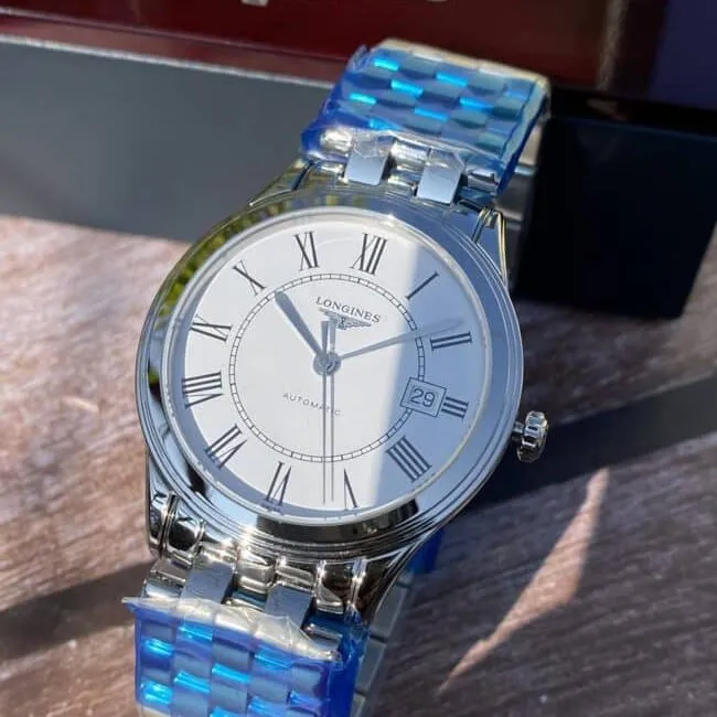 Longines Master Collection Swiss Engraved Movement Centennial Classic White Steel Couple's Watch Front View