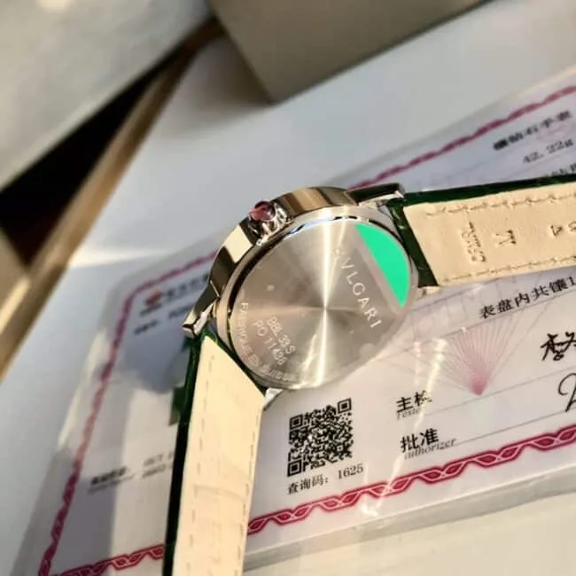 top-tier watch Bvlgari women's white dial green strap elegant fashion leather strap watch front view