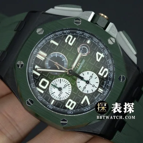 APF factory Audemars PiguetRoyal Oak offshore type 264051:1top-tier watch men's color ceramicgreen dial rubber model pictures and prices front live photo