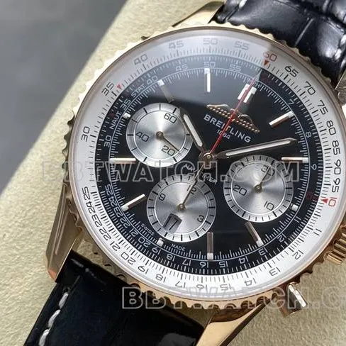 top-tier watch BLS factory Breitling aviation chronographrose goldblack dialleather strap model front live photo