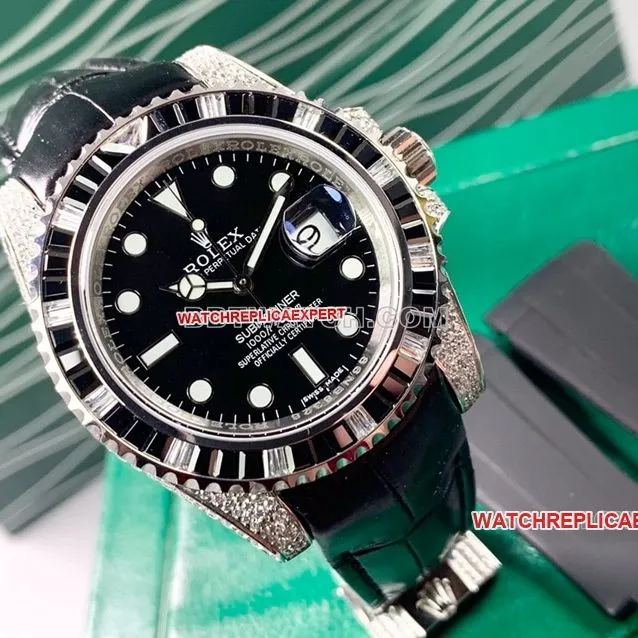 Rolex Submariner Super A Black Dial Diamond Bezel Leather Strap Real Shot Photo