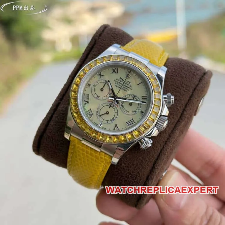 PPMRolexDaytona1:1top-tier replicayellow diskdiamond bezel116519front live photo