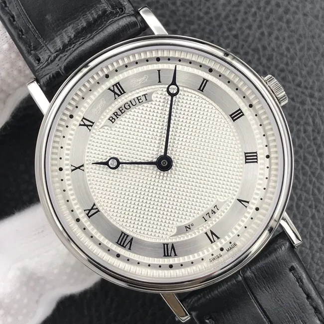 top-tier watch Breguet men's white dial black belt classic series mechanical leather strap watch front view