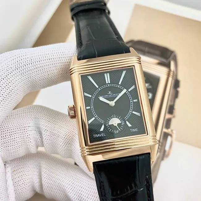 top-tier watch Jaeger-LeCoultre men's white dial black belt manual winding flip series leather strap watch clasp picture