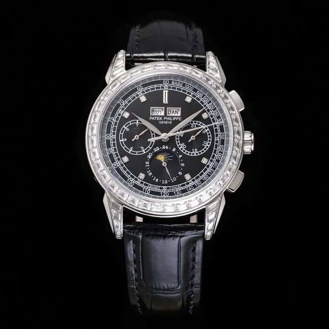 PFF factory top-tier watch Patek Philippe men's black dial black belt super complex function chronograph series leather strap watch front view