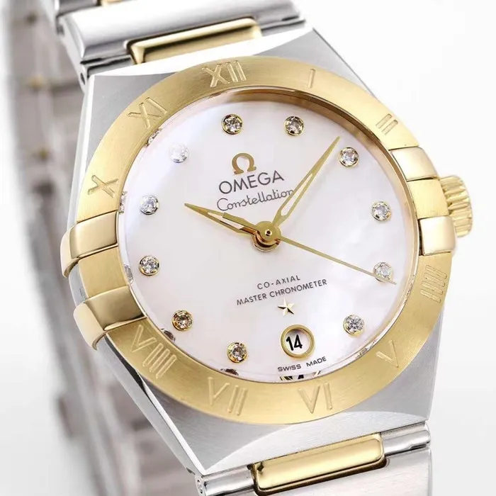 Top collectible watches Omega Women's White Plate Constellation Steel Strap Watch Front View