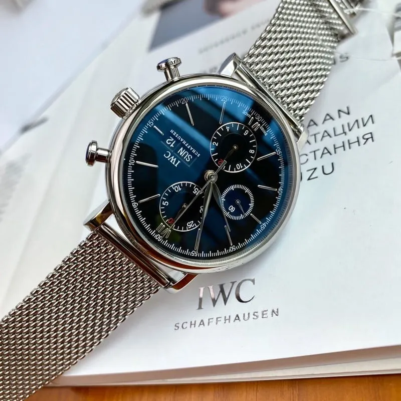 IWC Portofino Original Quality Steel Milanese Strap Swiss ETA 7750 Movement Black, White, and Blue - Front View