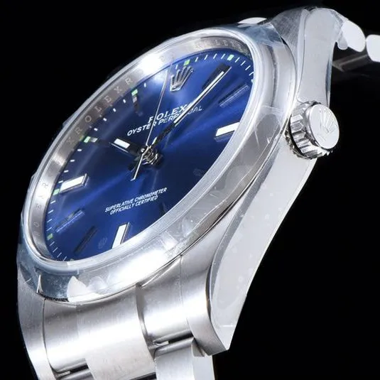 Rolextop-tier watch Oyster Perpetual series men's mechanical blue dialsteel bracelet watch side view