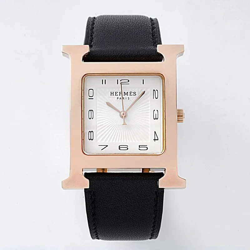 Hermès top-tierhigh-quality watch HeureH three-hand series ladies leather straprose goldwhite dial watch front view