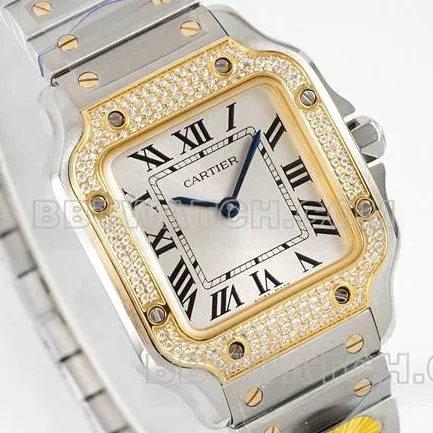 1:1replica watch Santos Cartiersilver dialyellow gold set with diamond bezelquartz movementfront live photo