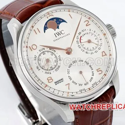 collectible watch APS factory Portugal IWC perpetual calendar white dial brown braceletfront live photo