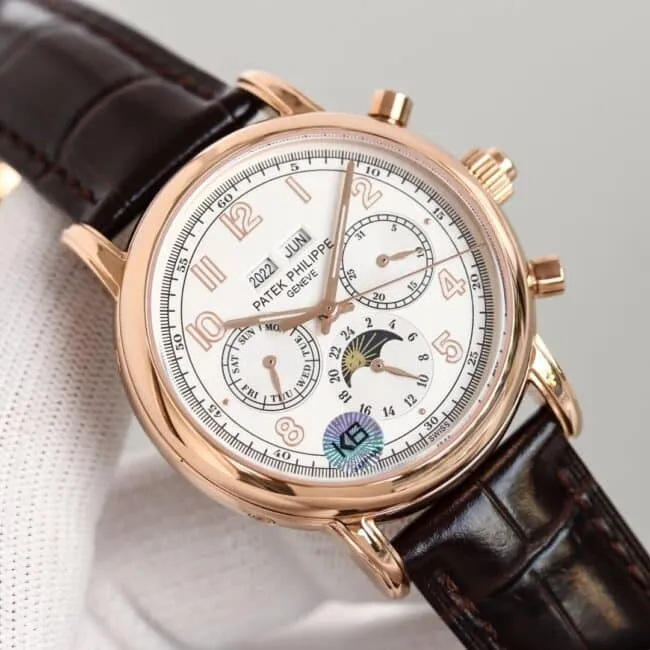 top-tier watch Patek Philippe rose gold white background complex function chronograph series men's mechanical watch front view