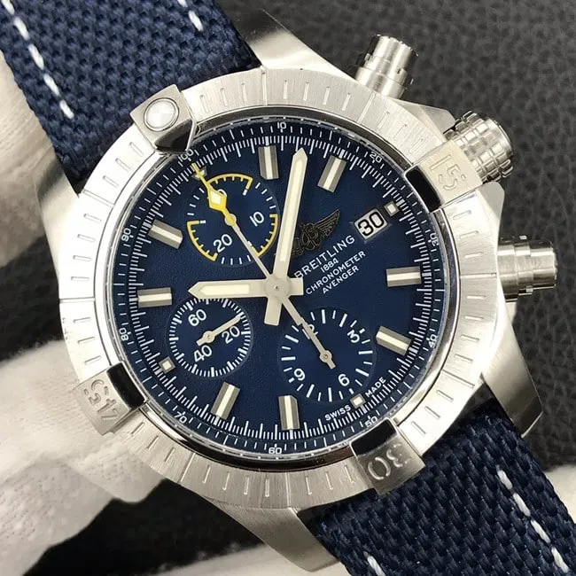 Breitlingtop-tier watch 43mm fully automatic movement men's blue dial nylon strap Avengers series front view