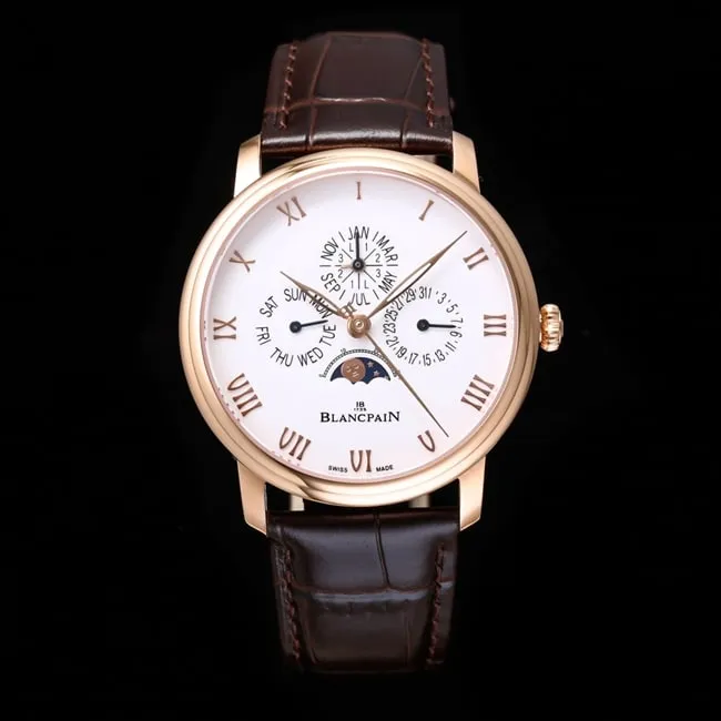 top-tier watch Blancpain classic series 6656 men's white dial brown belt automatic movementleather strap watch front view