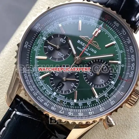watch aviation chronograph BLS factory Breitlingrose goldgreen dialleather strap model front live photo