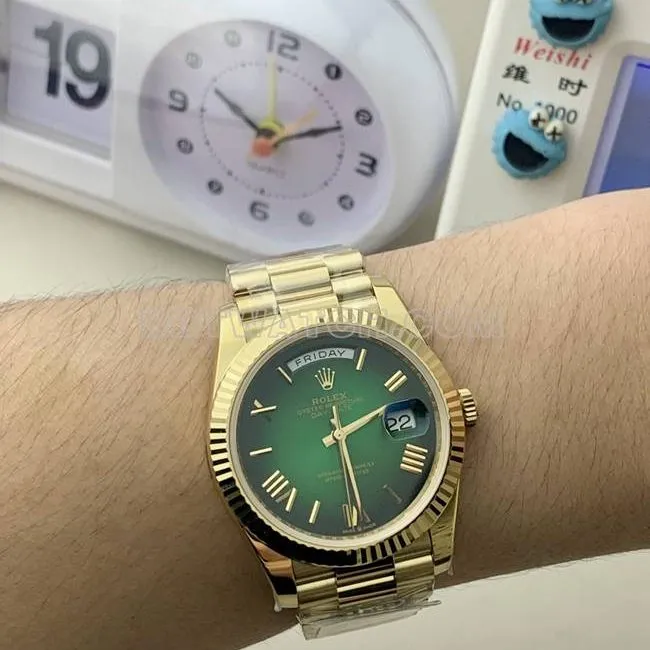 1:1replica watch PPM factory gradient green dial Roman numerals RolexDay-Dateyellow gold mechanical front live photo