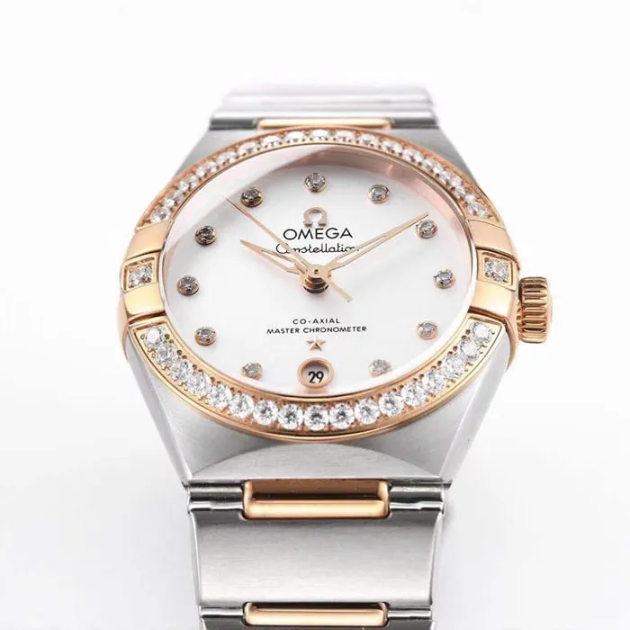 Top collectible watches Omega Women's White Plate Constellation Steel Strap Watch Front View