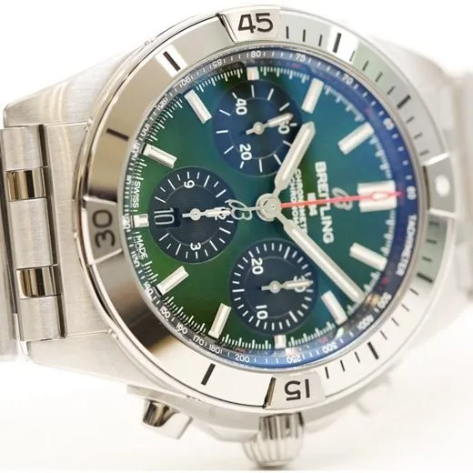 top-tier watch Breitling men's green dial steel automatic movement watch front view