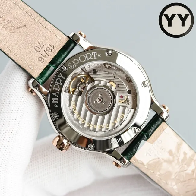 top-tier watch Chopard women's white dial green strap happy diamond HAPPY DIAMONDS series leather strap mechanical watch front view