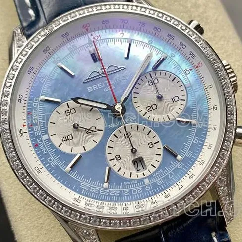 watch BLS factory Breitling aviation chronograph diamond light blue dialleather strap model front live photo