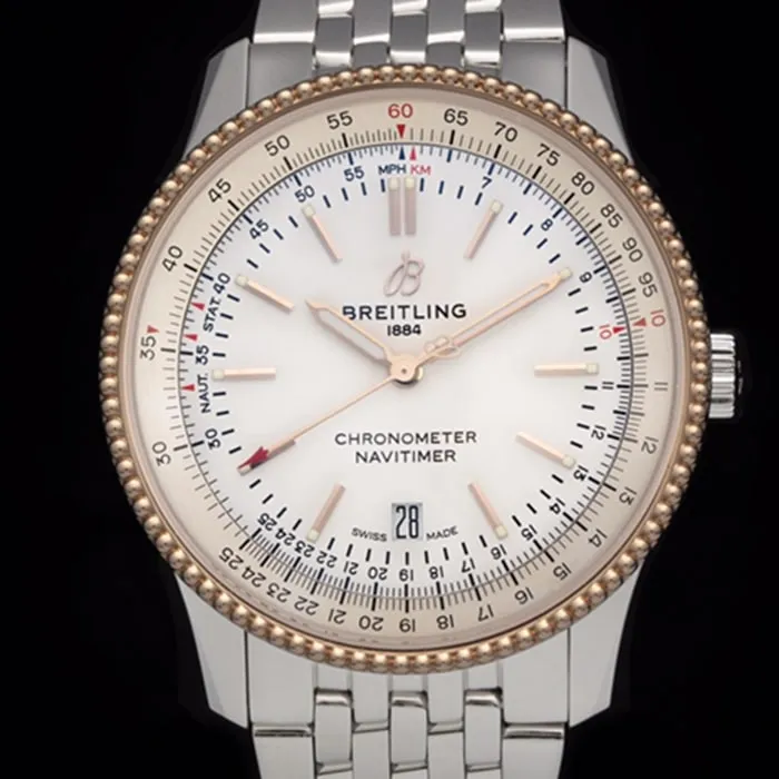 Top-tier watch Breitling men's white dial aviation chronograph1 series steel bracelet watch front view