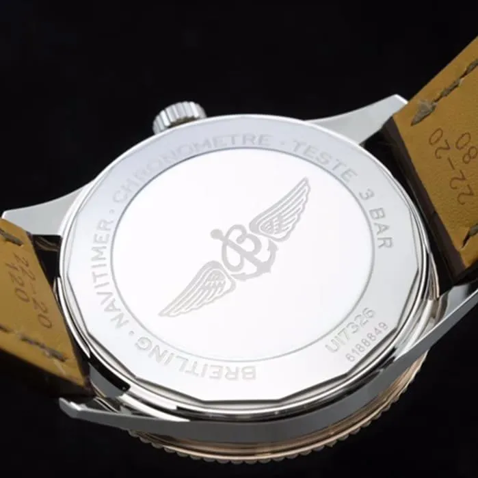 top-tier watch Breitling men's white dial aviation chronograph1 series leather strap watch side view