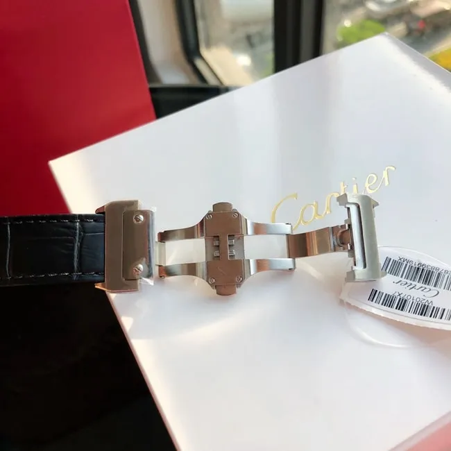 top-tier watch Cartier men's white dial black belt automatic movementleather strap watch front view