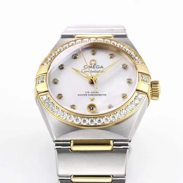 Top collectible watches Omega Women's White Plate Constellation Steel Strap Watch Front View