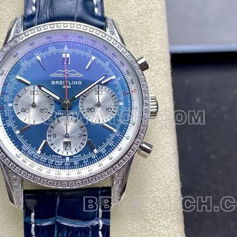 collectible watch BLS factory Breitling aviation chronograph diamond blue dialleather strap model front live photo