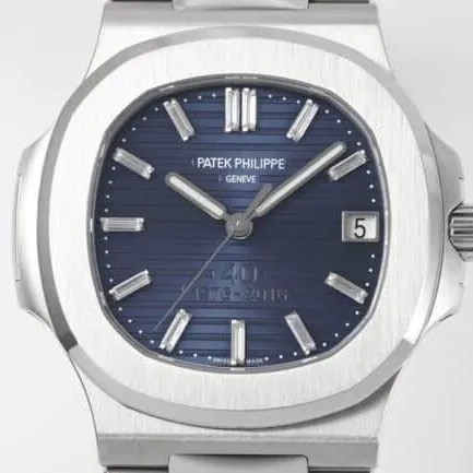 top-tier watch Patek Philippe Nautilus 40th anniversary white steel blue bottom men's mechanical watch front view