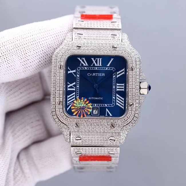top-tier real diamond replicaCartier Santos baby's breath blue dial watch side view