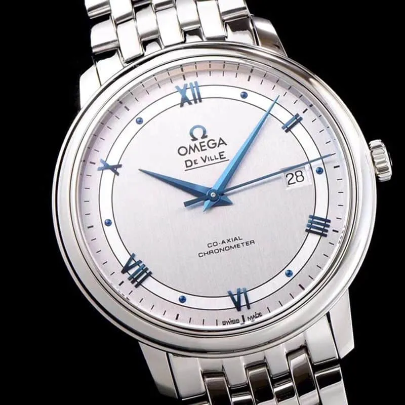 Omegahigh-quality watch De Ville series men's mechanical ultra-thin watch white steel track white face front view