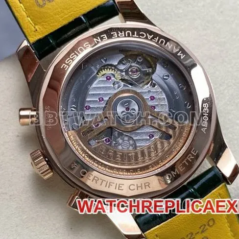 collectible watch BLS factory Breitling aviation chronographrose goldgreen dialleather strap front live photo
