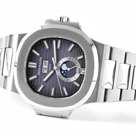 PPF Factorytop-tier replicaPatek Philippe men's black dialsteel braceletRef.5726/1A Nautilus series annual calendar automatic movement watch front view