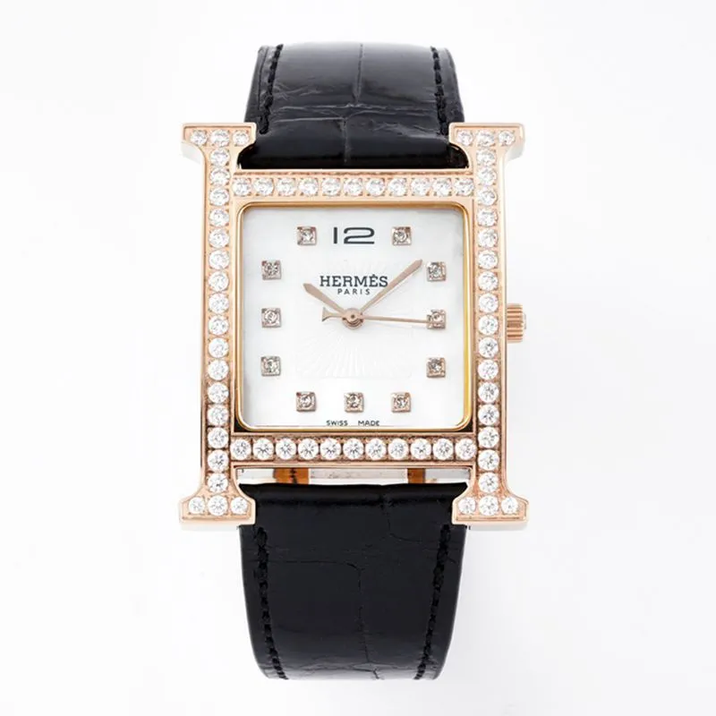 Hermès top-tier watch HeureH three-hand series ladies quartz diamondleather strap watch front view