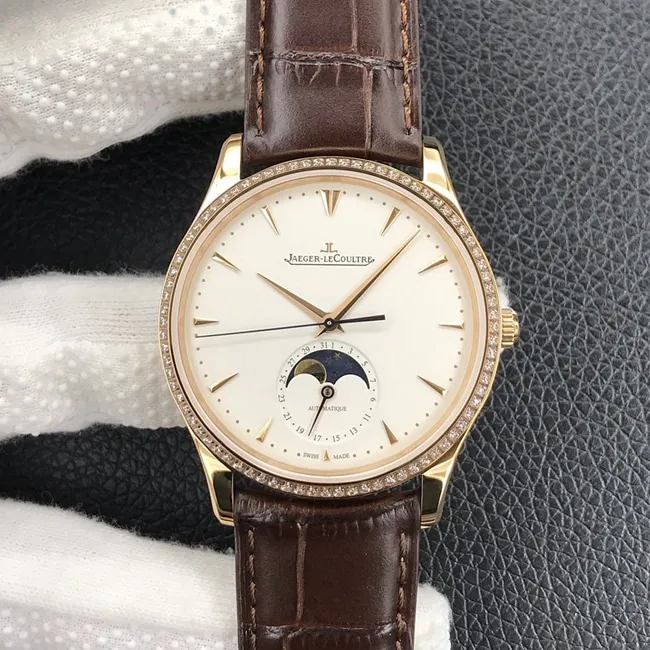 GF FactoryJaeger-LeCoultretop-tier watch men's white dial brown belt master series leather strap mechanical watch front view