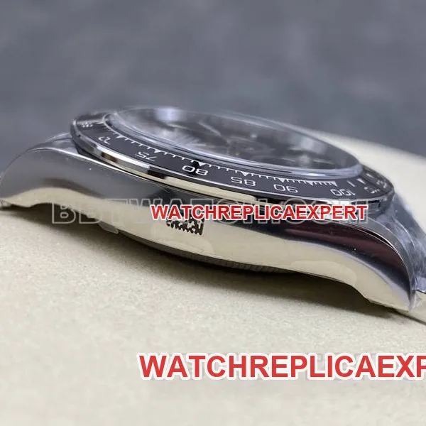 Real-life photos of the front of the ARF Factory Rolex Daytona with a black dial, spade-shaped hands, model 4131, and steel bracelet