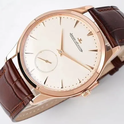 ZF FactoryJaeger-LeCoultretop-tier replicahigh-quality watch men's white dial brown belt ultra-thin master series small second hand quartzleather strap watch front view