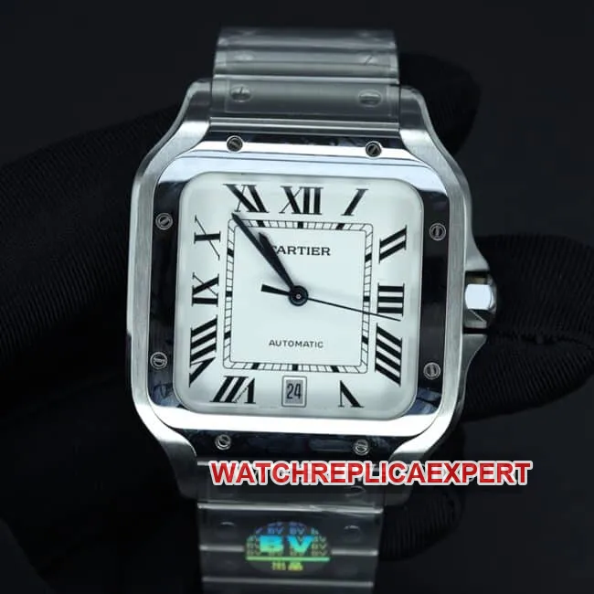 BV Factory Cartier Top Watch Men's White Dial Steel Band New Santos Automatic Mechanical Front View